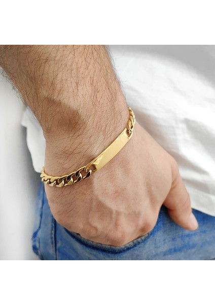 Gold Çelik Erkek Yassı Zincir Model Künye Bileklik EU40SR