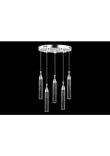Klaus 5'li Yuvarlak 3 Renkli 75 Watt Krom Kristal Ledli Modern Oturma Odası Salon Sarkıt Avize