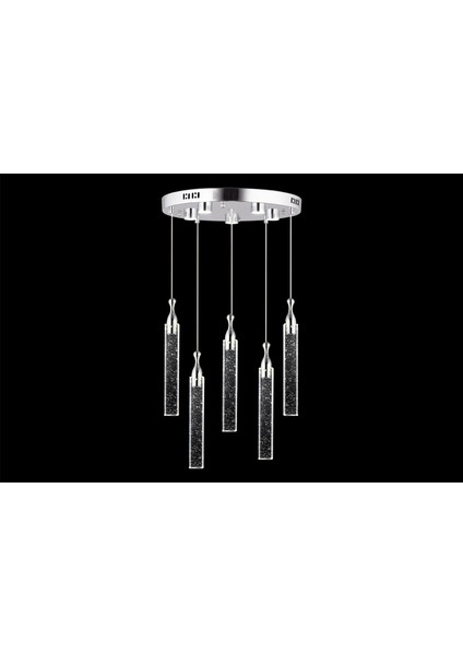 Klaus 5'li Yuvarlak 3 Renkli 75 Watt Krom Kristal Ledli Modern Oturma Odası Salon Sarkıt Avize