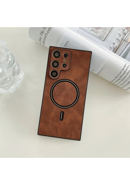 Samsung Galaxy S23 Ultra Retro Manyetik Emme Pu Cep Telefonu Kılıfı (Yurt Dışından)