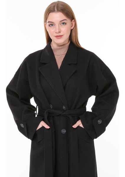 Kadın Oversize Yünlü Kaşe Kaban NBPLTN01 - Siyah