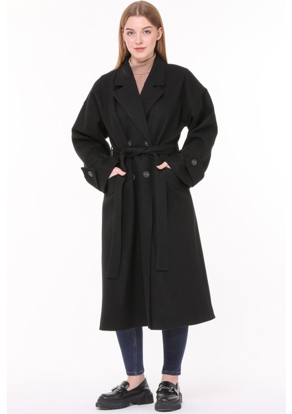 Kadın Oversize Yünlü Kaşe Kaban NBPLTN01 - Siyah fırsatları