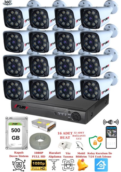 16 Kameralı 5mp Lens 1080P 2mp Color Görüntü 8 Warm LED Gece Görüş Fullhd Güvenlik Kamera 5520W 500 fiyatları