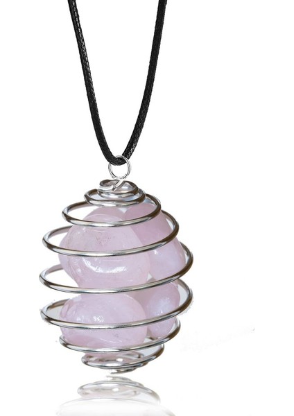 Sertifikalı Tel Sargılı Kafes Model Pembe Kuvars Taşı Kolye