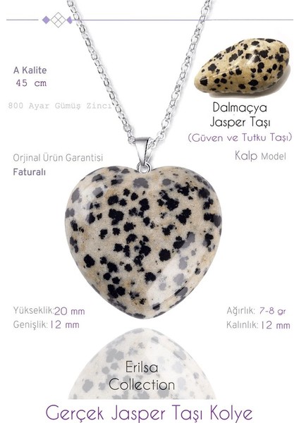 Sertifikalı Kalp Model Gerçek Dalmaçya Jasper Taşı Kolye