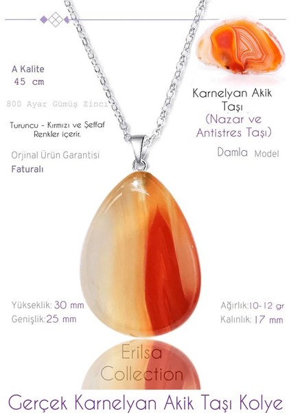 Sertifikalı Damla Model Gerçek Karnelyan Akik Taşı Kolye