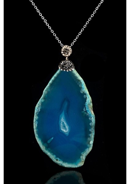 Sertifikalı Zirkon Taşlı Model Plaka Mavi Akik Taşı Kolye