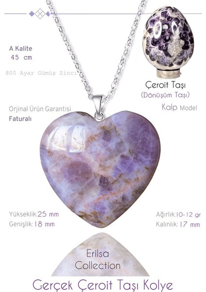 Sertifikalı Gerçek Kalp Model Çeroit Taşı Kolye