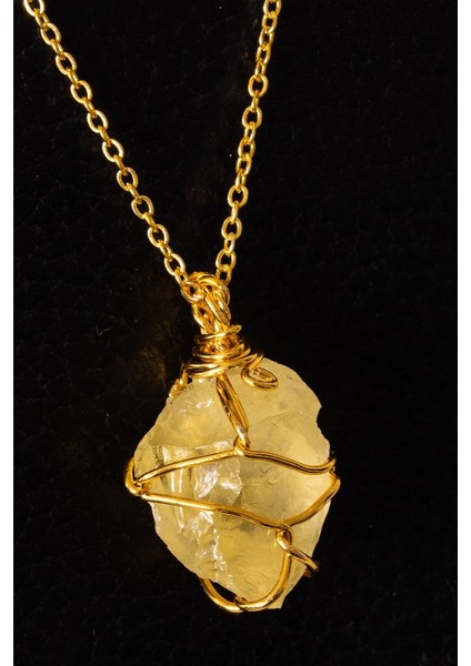 Sertifikalı Gold Tel Sargılı Limon Kuvars Taşı Kolye