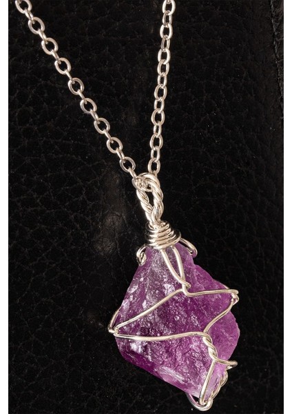 Sertifikalı Tel Sargılı Ham Ametist Taşı Kolye