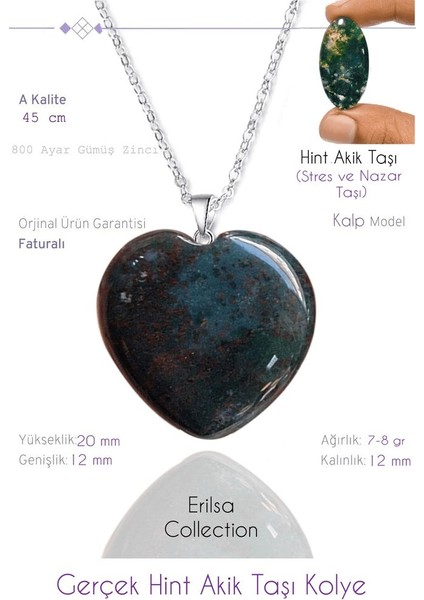 Sertifikalı Gerçek Kalp Model Hint Akik Taşı Kolye