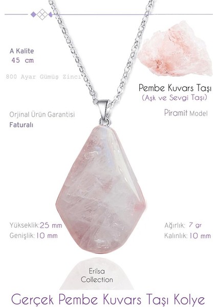 Sertifikalı Piramit Model Gerçek Pembe Kuvars Taşı Kolye