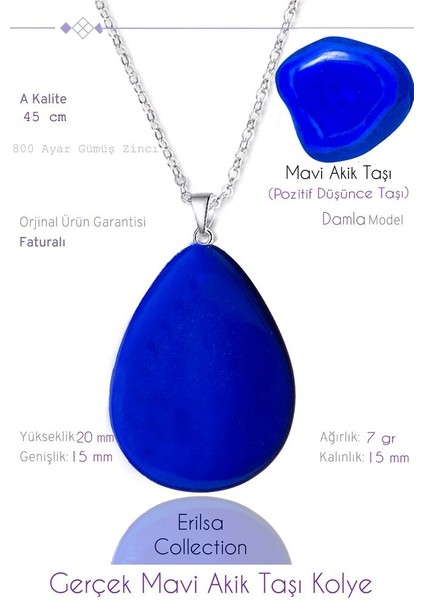 Sertifikalı Damla Model Mavi Akik Taşı Kolye