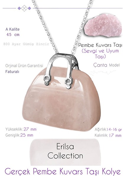 Sertifikalı Çanta Model Pembe Kuvars Taşı Kolye