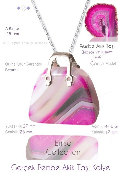 Sertifikalı Çanta Model Pembe Akik Taşı Kolye