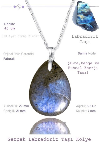 Sertifikalı Damla Model Gerçek Labradorit Taşı Kolye (Gümüş Aparatlı)