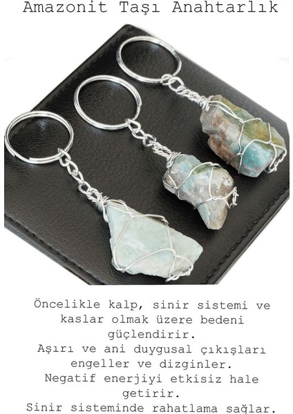 Sertifikalı Gümüş Ham Amazonit Taşı Anahtarlık - Tel Sargılı