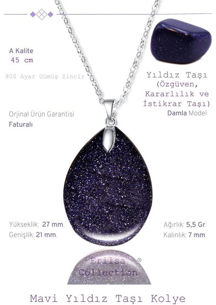 Sertifikalı Damla Model Lacivert Mavi Yıldız Taşı Kolye (Gümüş Aparatlı)