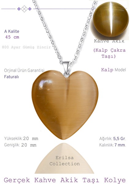 Sertifikalı Kalp Model Kahverengi Akik Taşı Kolye (Gümüş Aparatlı)