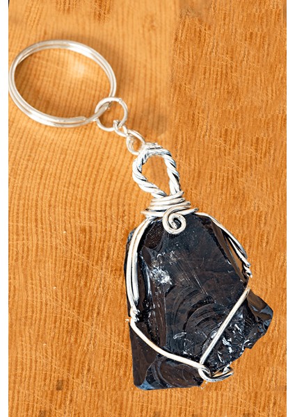 Sertifikalı Gümüş Ham Siyah Obsidyen Taşı Anahtarlık - Tel Sargılı