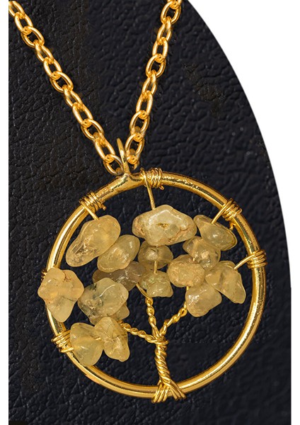 Sertifikalı Gold Prehnite - Prinayt Taşı Hayat Ağacı Kolye - Altın Renkli