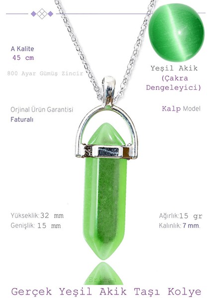Sertifikalı Çivi Model Yeşil Akik Taşı Kolye (1.kalite)