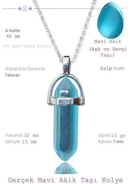 Sertifikalı Çivi Model Açık Mavi Akik Taşı Kolye (1.kalite)