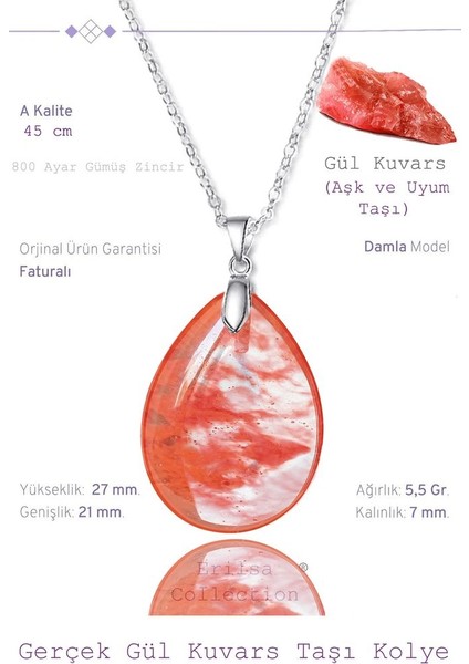 Sertifikalı Damla Model Gül Kuvars Taşı Kolye (Gümüş Aparatlı)