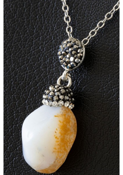 Sertifikalı Zirkon Taşlı Ham Beyaz - Sarı Akik Taşı Kolye