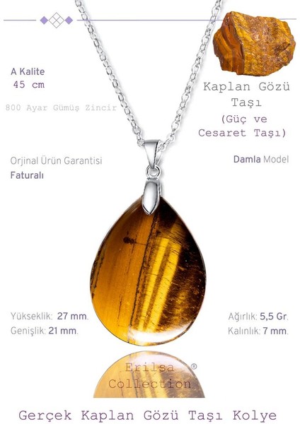 Sertifikalı Damla Model Kaplan Gözü Taşı Kolye (Gümüş Aparatlı)