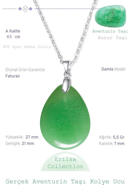 Sertifikalı Damla Model Aventurin Taşı Kolye (Gümüş Aparatlı)