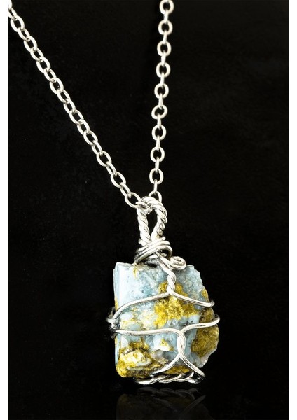 Sertifikalı Ham Tel Sargılı Larimar Taşı Kolye (Atlantis Taşı)