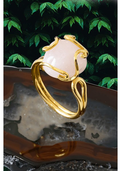 Sertifikalı Gold Rokoko Model Pembe Kuvars Taşı Yüzük - Ayarlamalı