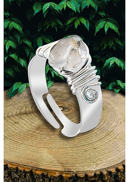 Sertifikalı Ham Kalın Tımbıl Gümüş Model Kristal Kuvars Taşı Yüzük - Ayarlamalı
