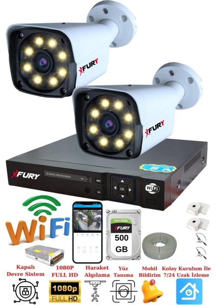 2 Kameralı 5mp Lens 1080P 2mp Color Görüntü 8 Warm LED Gece Görüş Fullhd Güvenlik Kamera 5520W 500GB