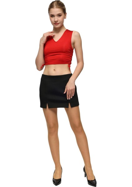 Slim Fit Mini Etek Önden Çift Yırtmaçlı - Siyah