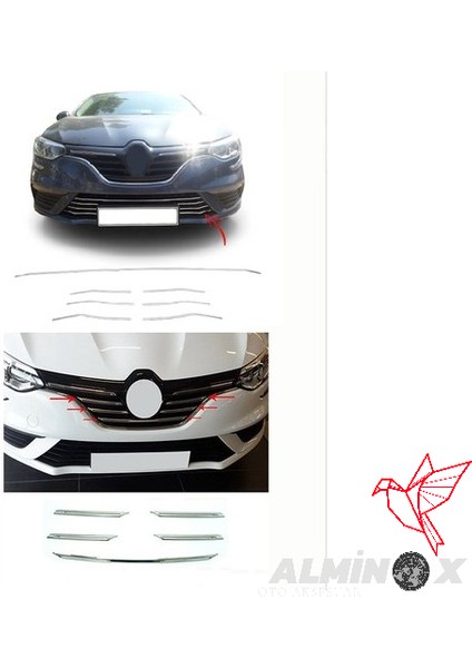 Alminox Oto Megane 4 Krom Ön Tampon Çıtası 7 Parça 2016 - 2020 Paslanmz Çelik+Megane 4 Krom Ön Panjur 5 Parça 2016 - 2020 Paslanmz Çelik