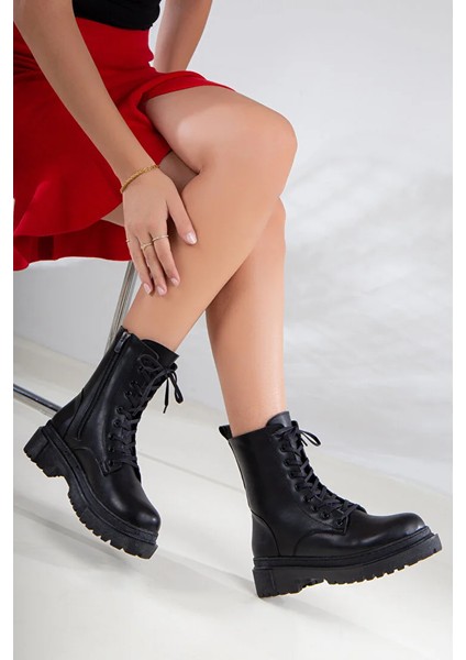 Siyah Bağcıklı Fermuarlı Postal Günlük/casual Rahat Orta Boy Bot
