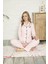 Kadın Pembe Beyaz Çizgili Önden Düğmeli Gömlek Yaka Uzun Kol Mevsimlik Pamuk Likra Pijama Takımı 3