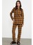 Sıfır Yaka Desenli Polar Pijama Takım - Kamel 2