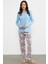 Düz Desenli Kombinli Pijama Takım - Mavi 2