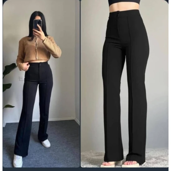 Patreon Cropbu Ithal Krep Kumaş Palazzo Siyah Ispanyol Paça Slim Fit Likralı Kadın Pantolon