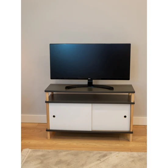 Peka Tv Ünitesi Ahşap Ayaklı Televizyon Sehpası Sürgü Kapaklı Modern Mobilya - 90 cm- Antrasit