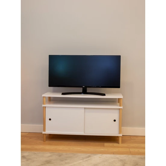 Peka Tv Ünitesi Ahşap Ayaklı Televizyon Sehpası Sürgü Kapaklı Modern Mobilya - 90 cm-Beyaz