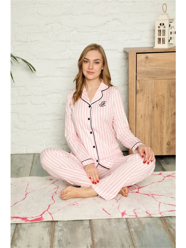 Bies Kadın Pembe Beyaz Çizgili Önden Düğmeli Gömlek Yaka Uzun Kol Mevsimlik Pamuk Likra Pijama Takımı