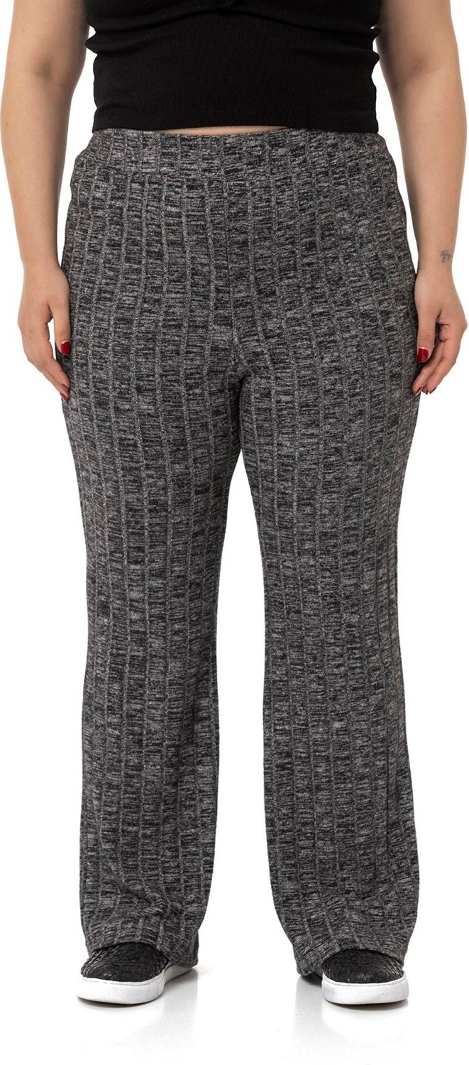 Disentis Modest Büyük Beden Geniş Paça Beli Lastikli Fitilli Triko Siyah Pantolon