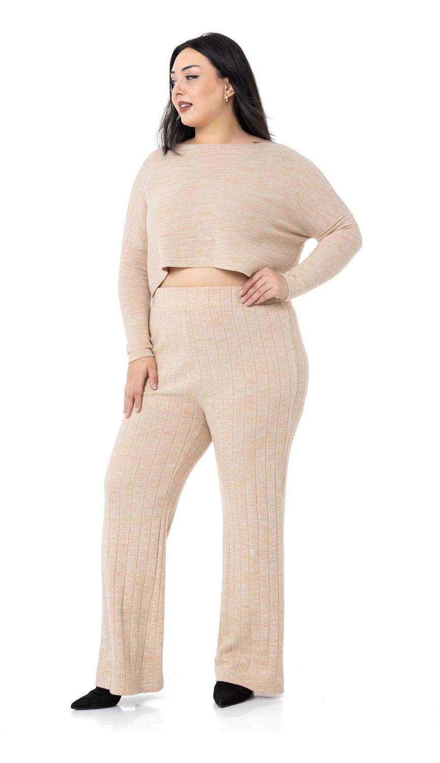 Disentis Modest Büyük Beden Geniş Paça Beli Lastikli Fitilli Triko Siyah Pantolon görsel 4