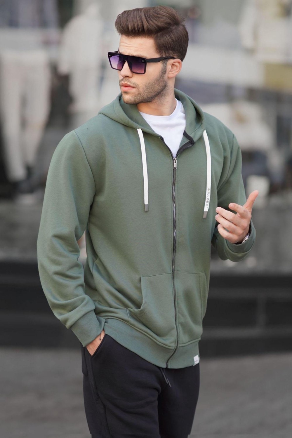 Madmext Haki Yeşili Fermuarlı Kapüşonlu Sweatshirt 6161 görsel 5