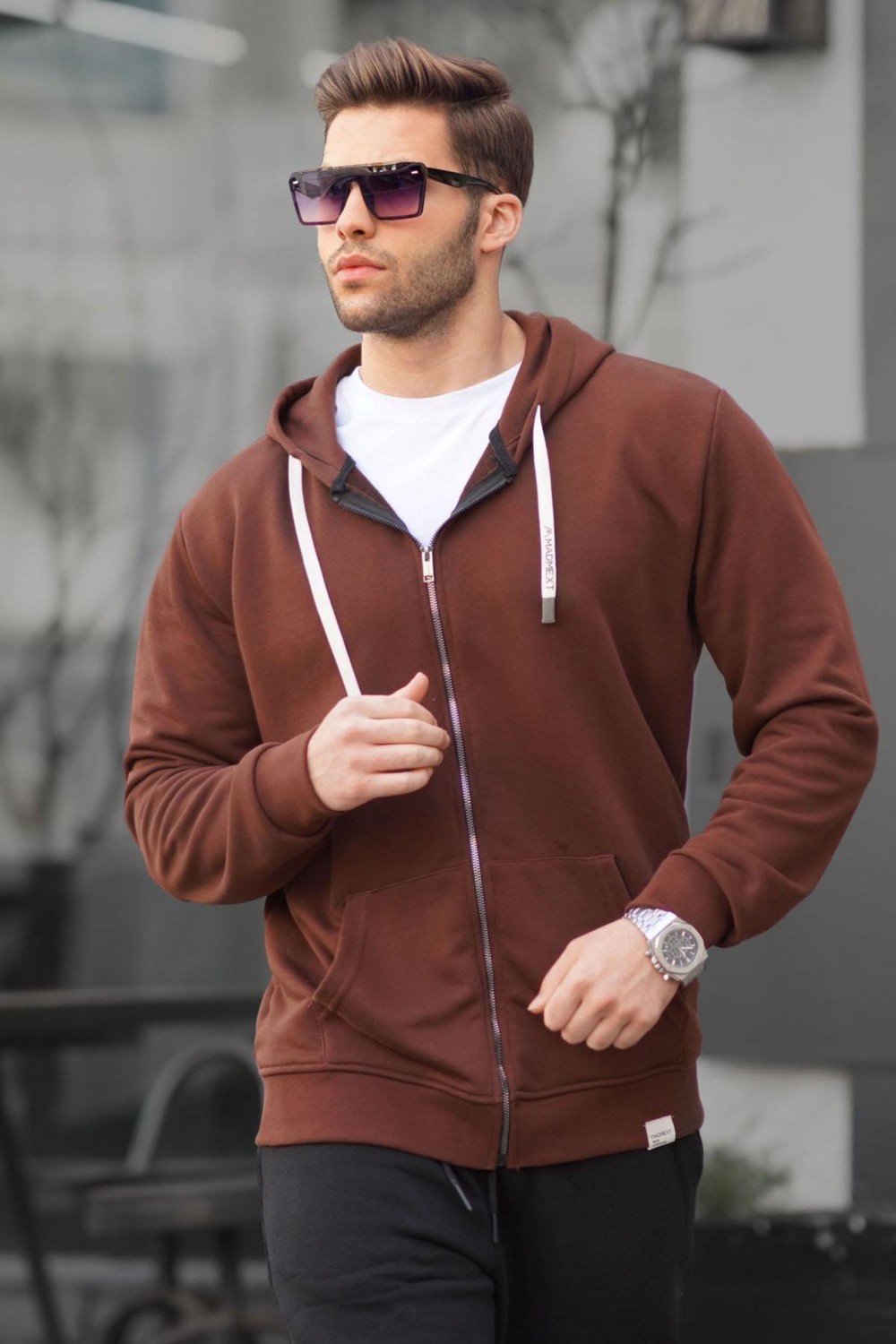 Madmext Haki Yeşili Fermuarlı Kapüşonlu Sweatshirt 6161