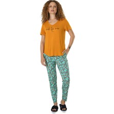 Jiber Kadın Hardal Baskılı Yarım Kol Viskon Pijama Takımı 10124